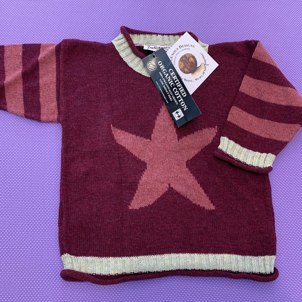 Organic Hand Knit Star Sweater for Girl/Boy. Indigenous Designs, 1-2 Years